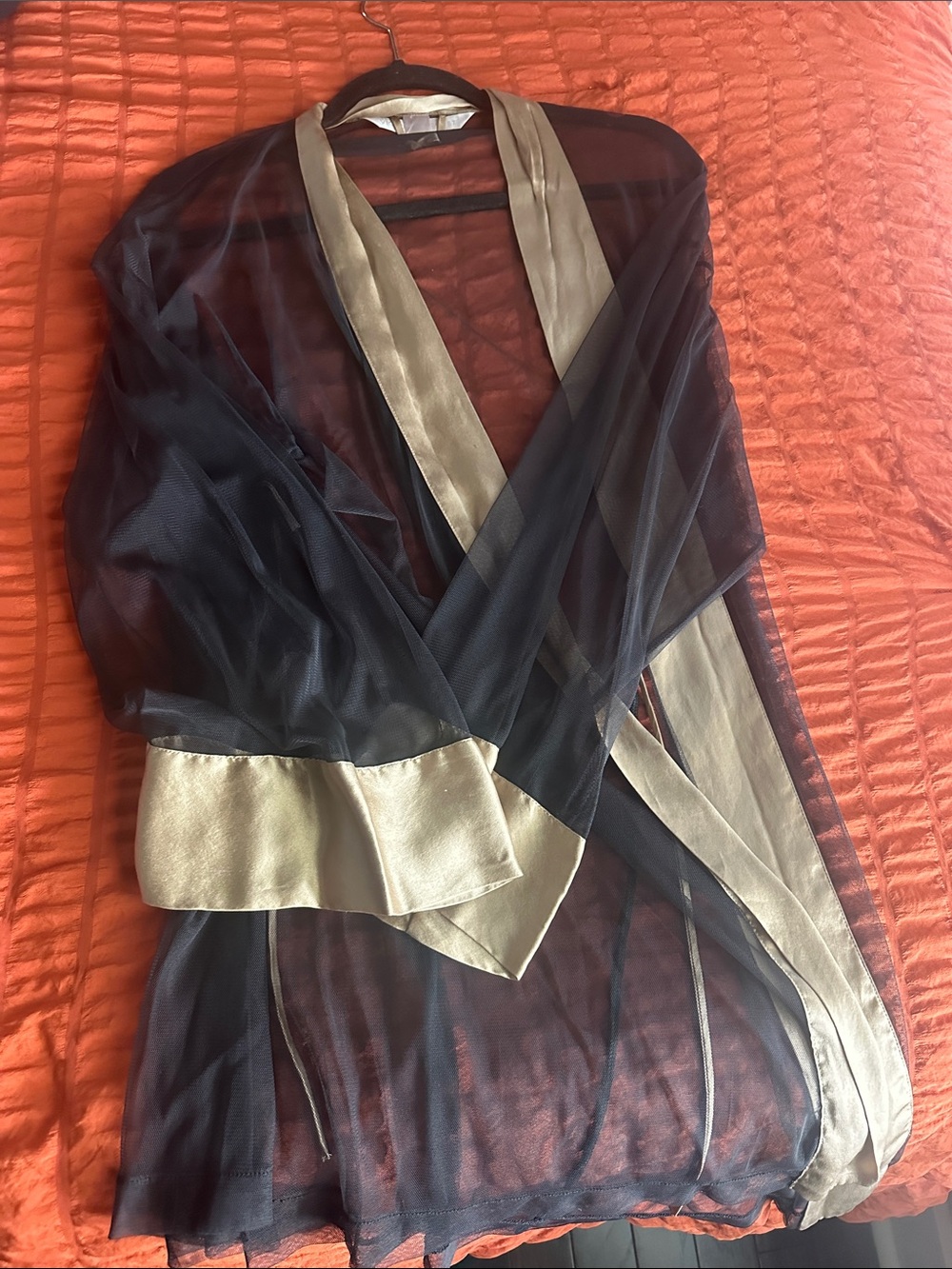 Victoria's Secret Black Sheer Wrap Robe with Gold Trim